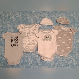 Bundle, 6 Pieces, 0-3 Months Boy's Clothing, NWOT, 2 Hats & 4 Onesies